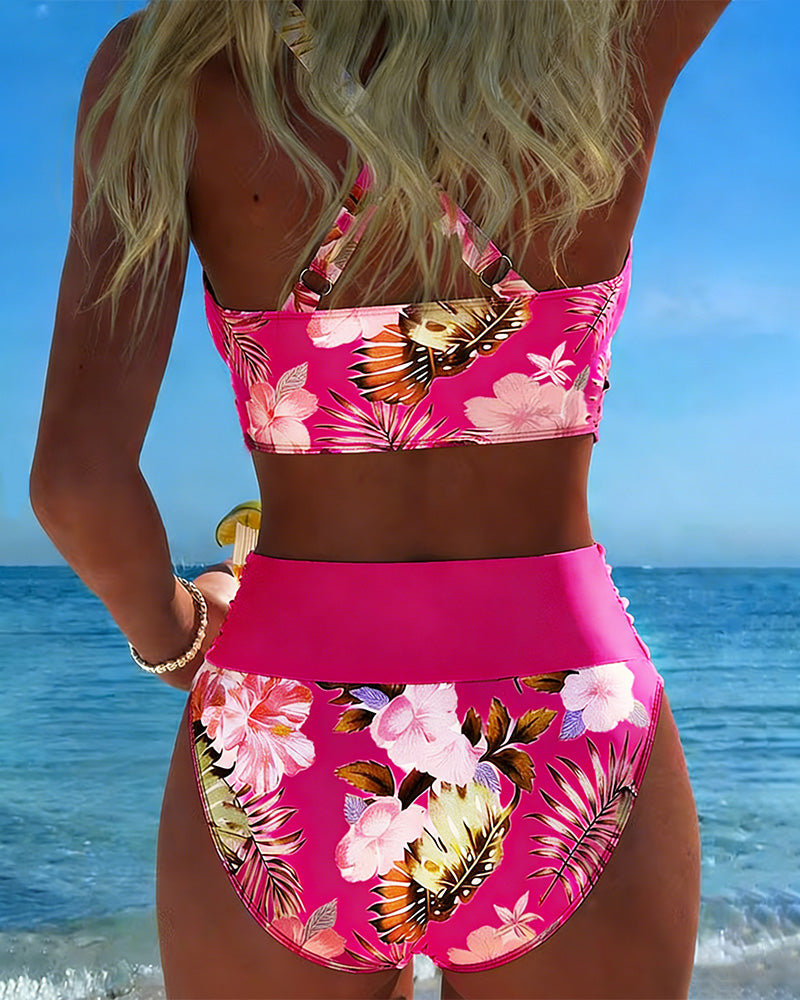 Hibiscus | Bikini Croisé Floral avec Culotte Haute