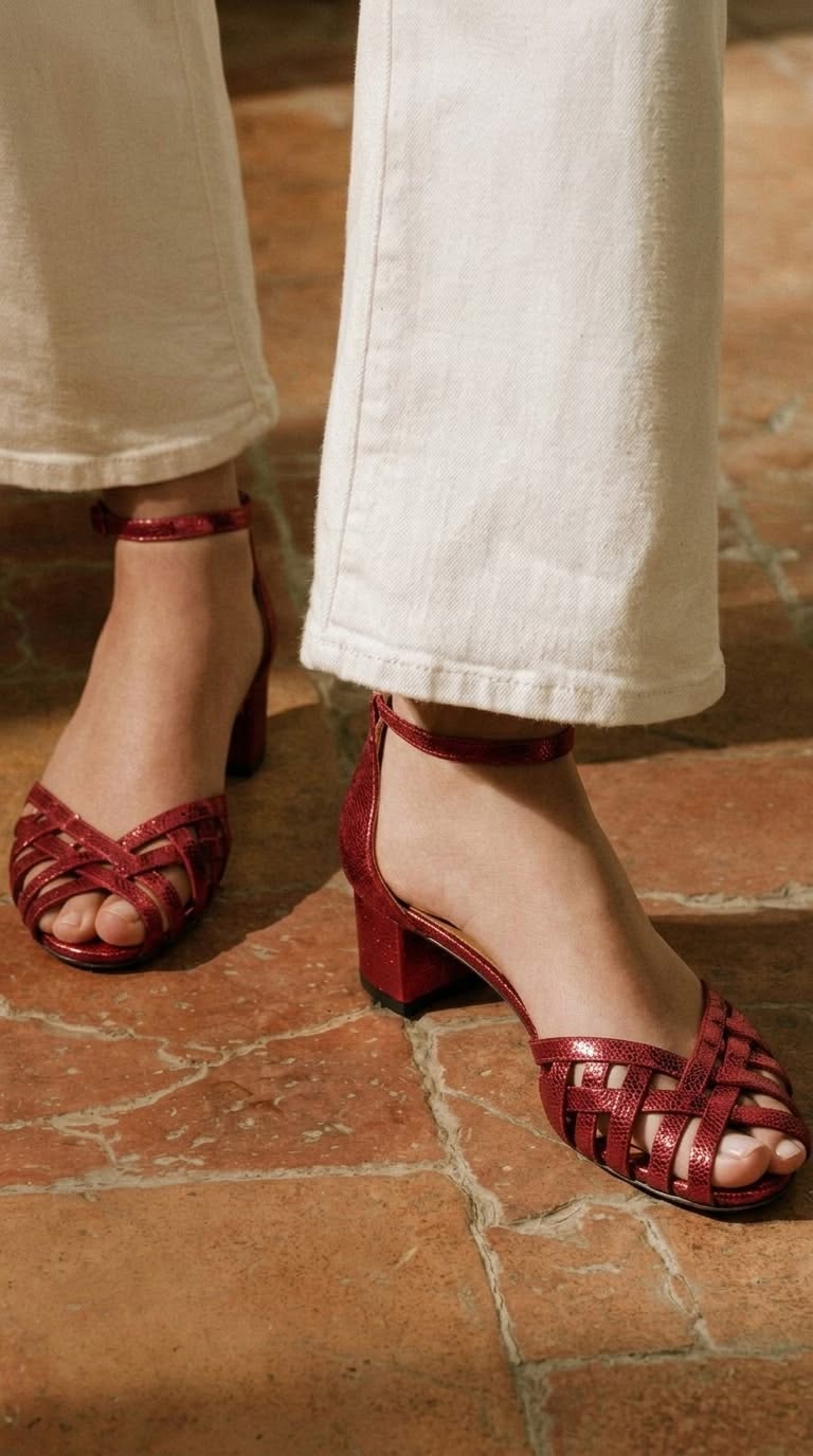Escarpins peep toe dorés à talons larges, entrelacés avec bride de cheville et boucle