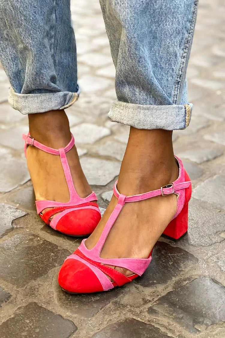 Talons larges fuchsia bicolores à découpes avec boucle et bride en T