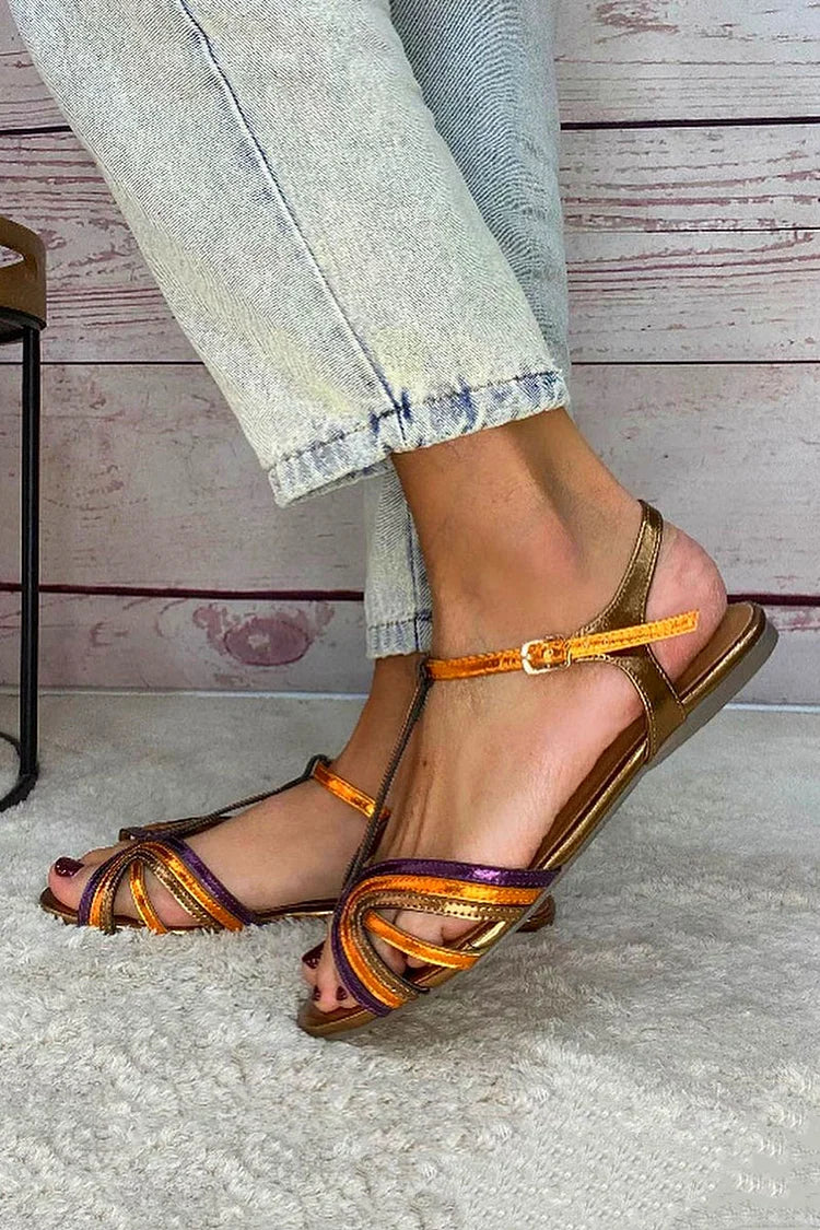 Sandales Multicolores à Peep Toe avec Boucle et Bride en T Dorées