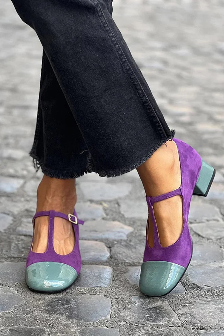 Talons larges violet bicolores à bout rond avec boucle et bride en T