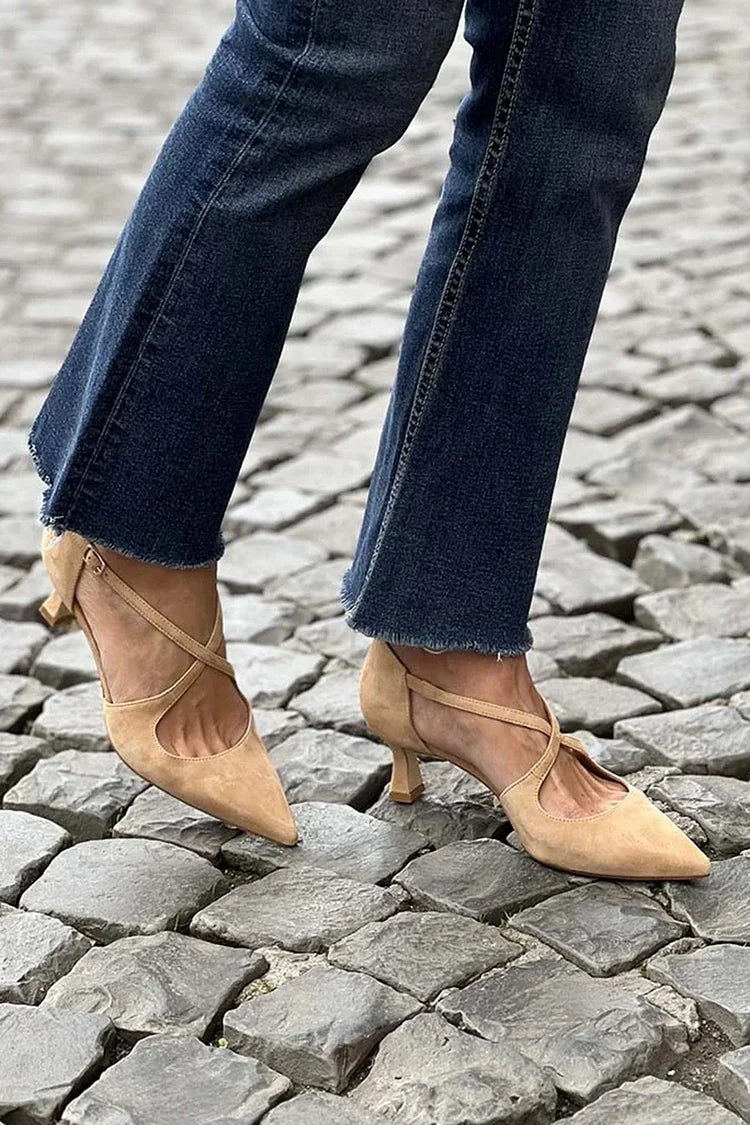 Escarpins kaki unis à bout pointu avec boucle et brides croisées