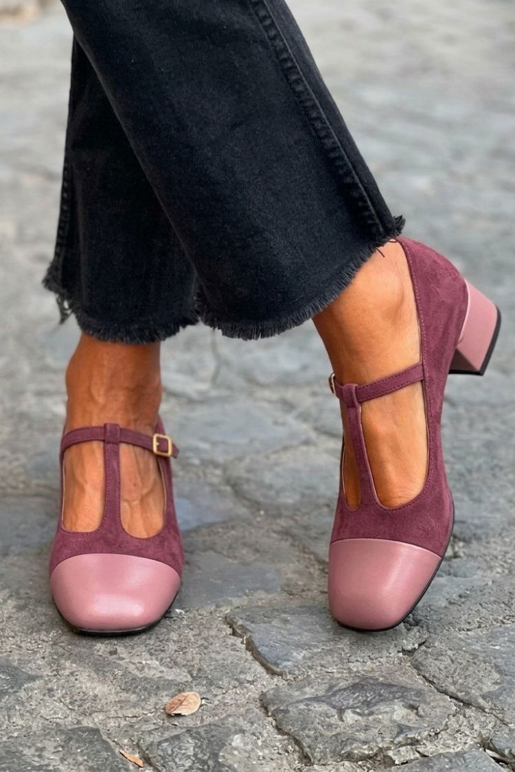 Talons larges violet bicolores à bout rond avec boucle et bride en T