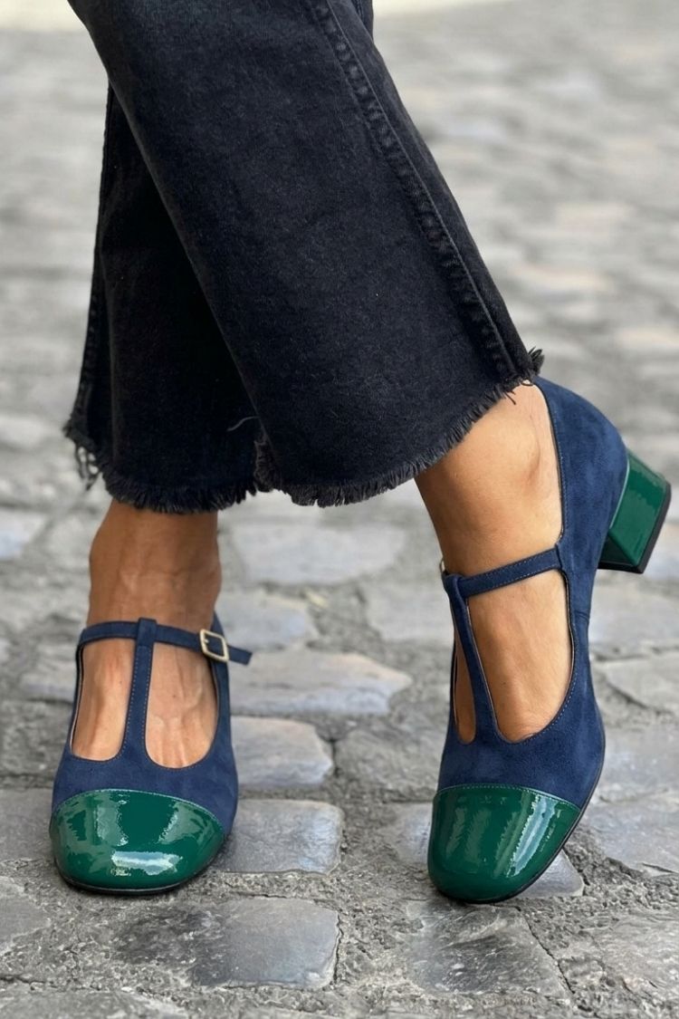 Talons larges violet bicolores à bout rond avec boucle et bride en T