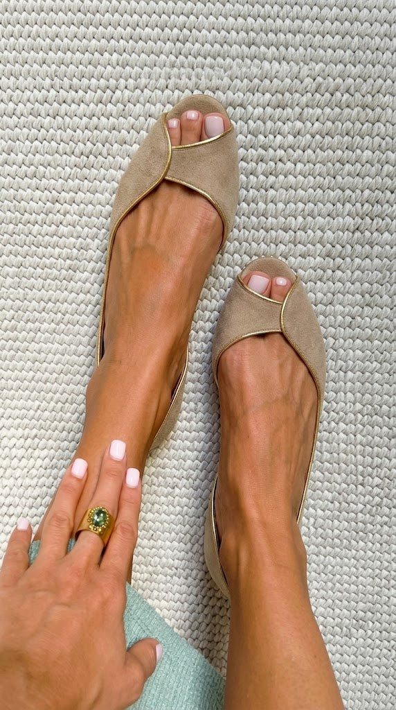 Beige and Gold Suede D'Orsay Peep Toe Flats