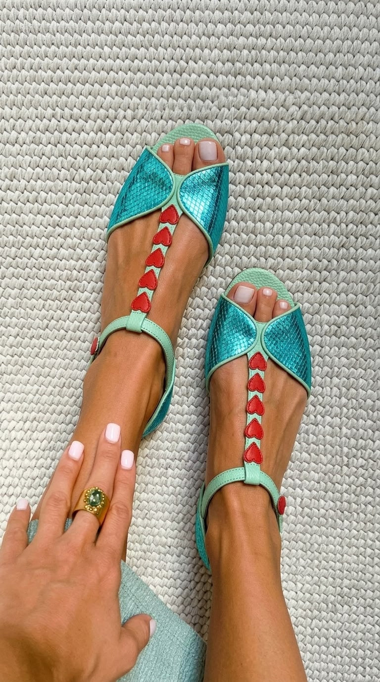 Sandales basses peep toe Pétrole et Rouge avec bride en T et motif cœur