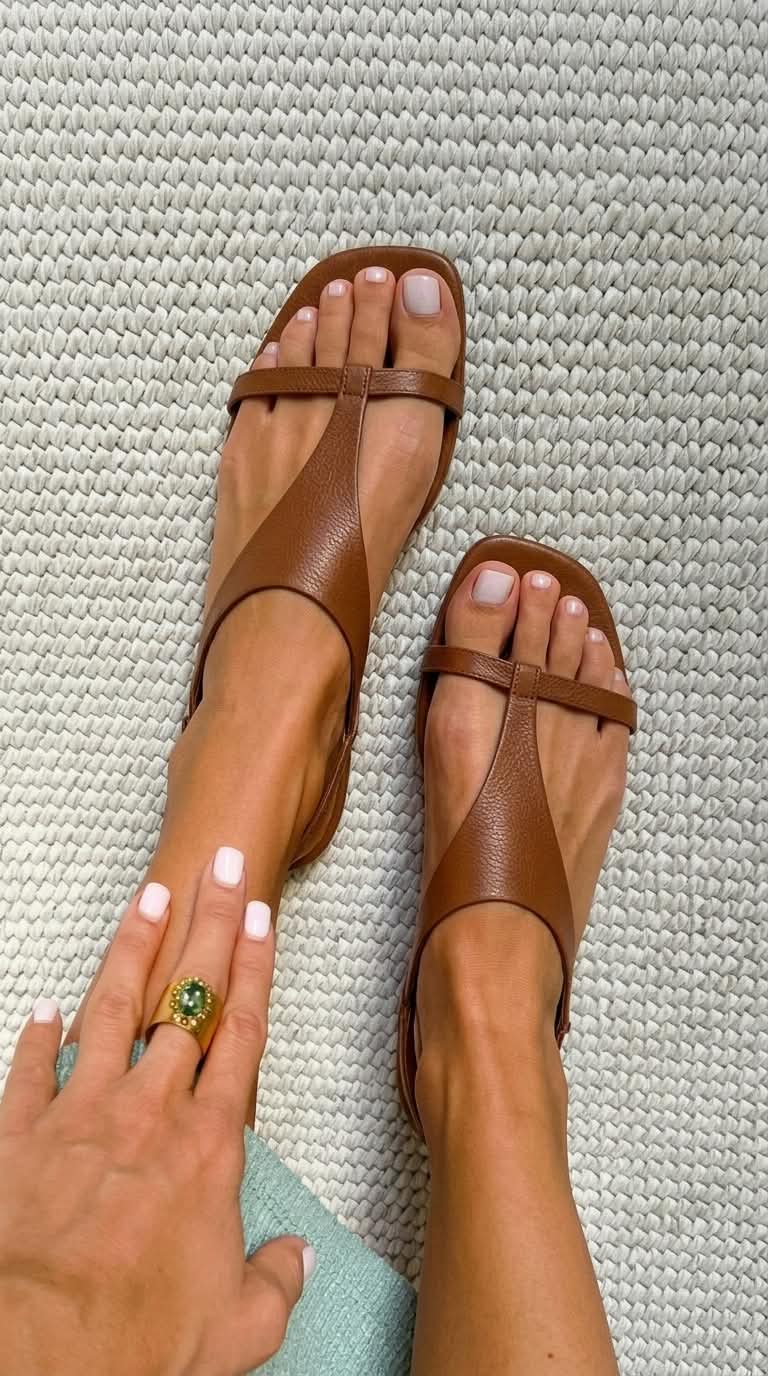 Sandales basses en cuir cognac à bout carré avec bride arrière