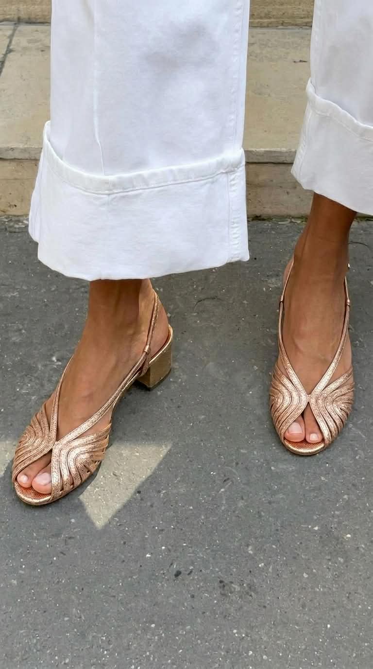 Talons Bloc Slingback Peep Toe Entrelacés Métallisés en Or Rose