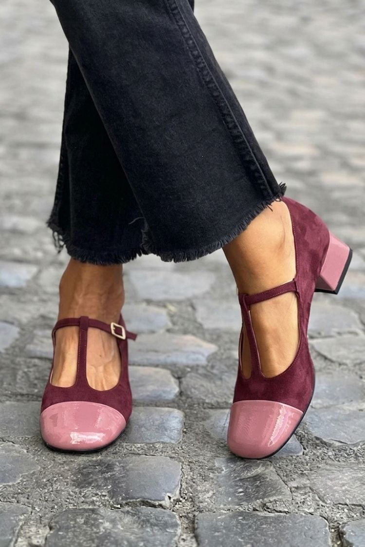 Talons larges violet bicolores à bout rond avec boucle et bride en T