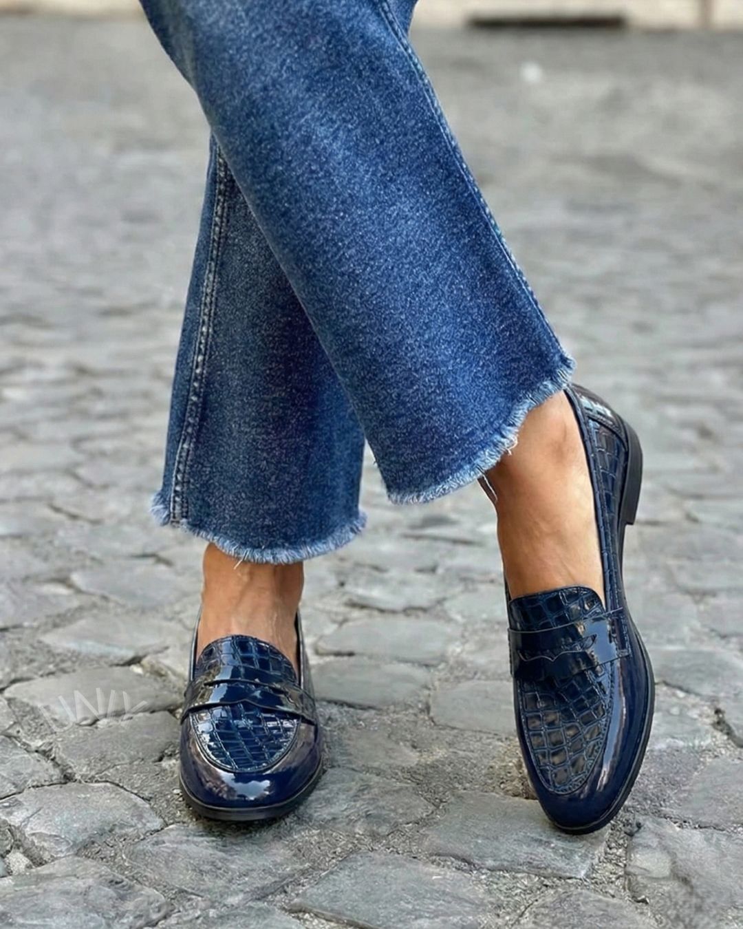 Élégants Mocassins en Cuir PU Verni Bleu Marine avec Effet Crocodile