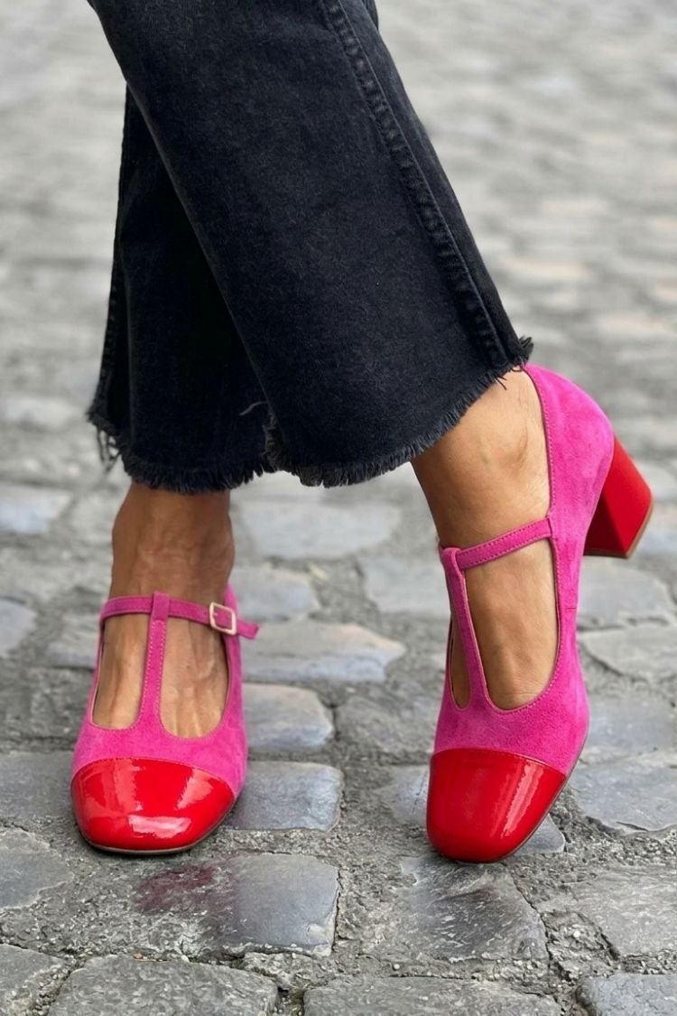 Talons larges violet bicolores à bout rond avec boucle et bride en T
