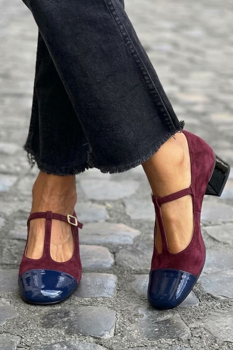Talons larges violet bicolores à bout rond avec boucle et bride en T