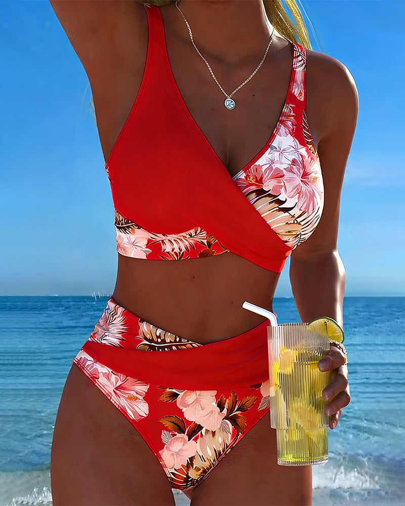 Hibiscus | Bikini Croisé Floral avec Culotte Haute