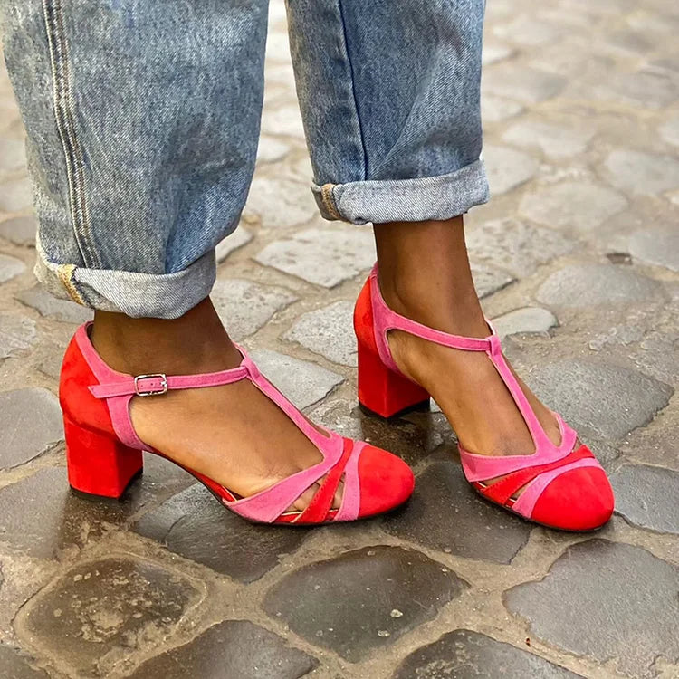 Talons larges fuchsia bicolores à découpes avec boucle et bride en T