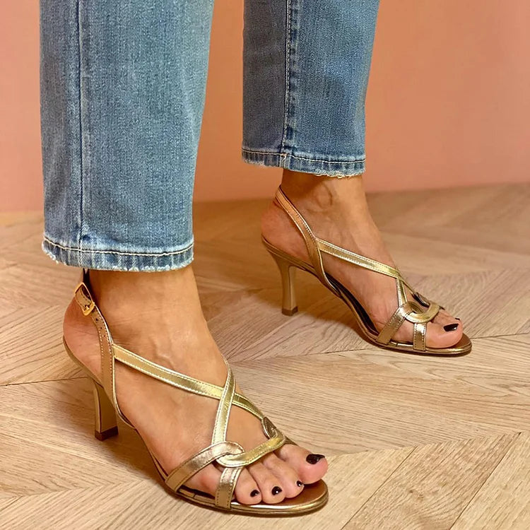 Talons aiguilles confortables à bout ouvert en cuir verni avec brides