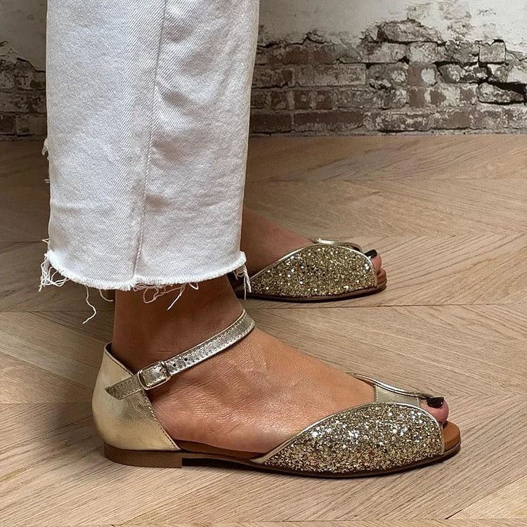 Sandales à bout ouvert en paillettes dorées avec bride de cheville et boucle