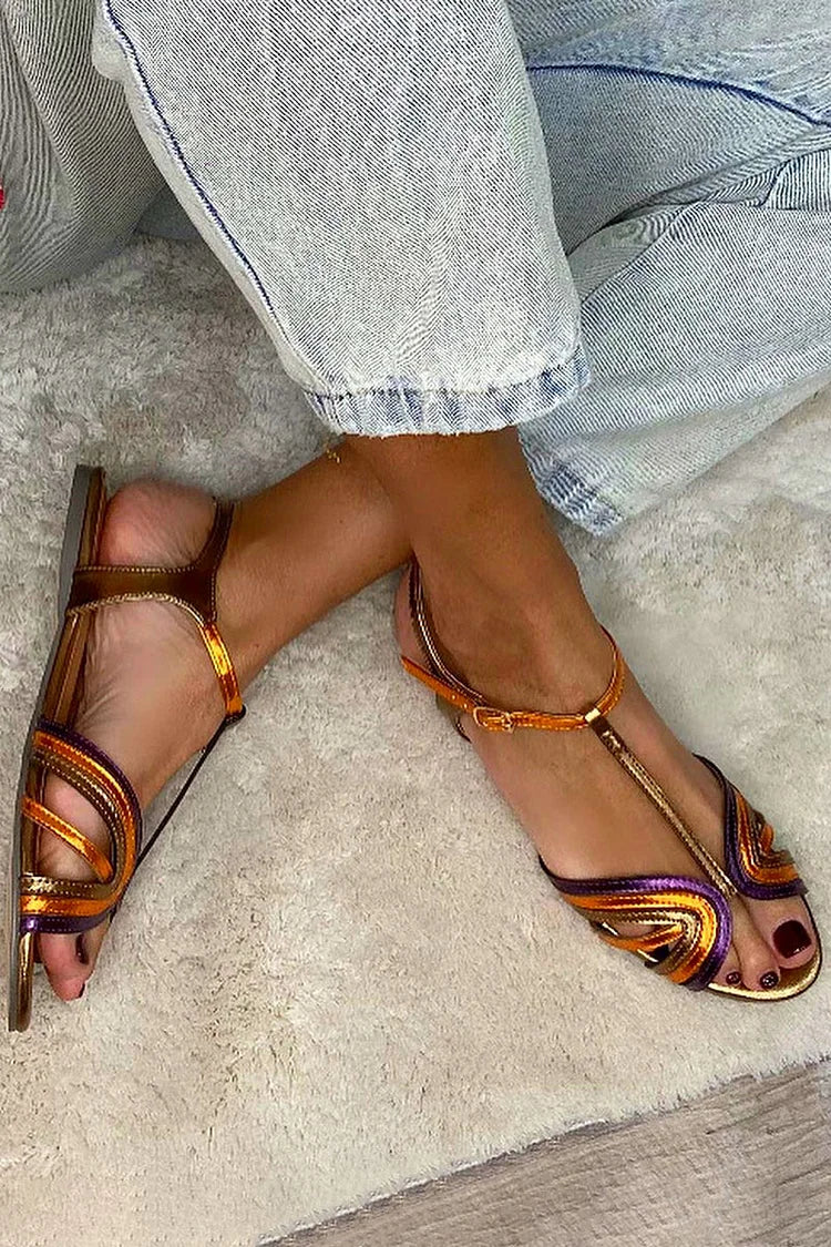 Sandales Multicolores à Peep Toe avec Boucle et Bride en T Dorées