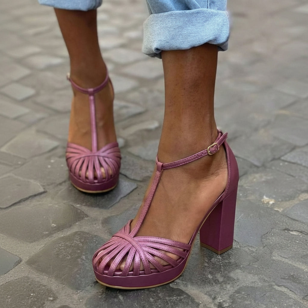 Sandales violettes à bout rond avec bride T, plateforme et talon large