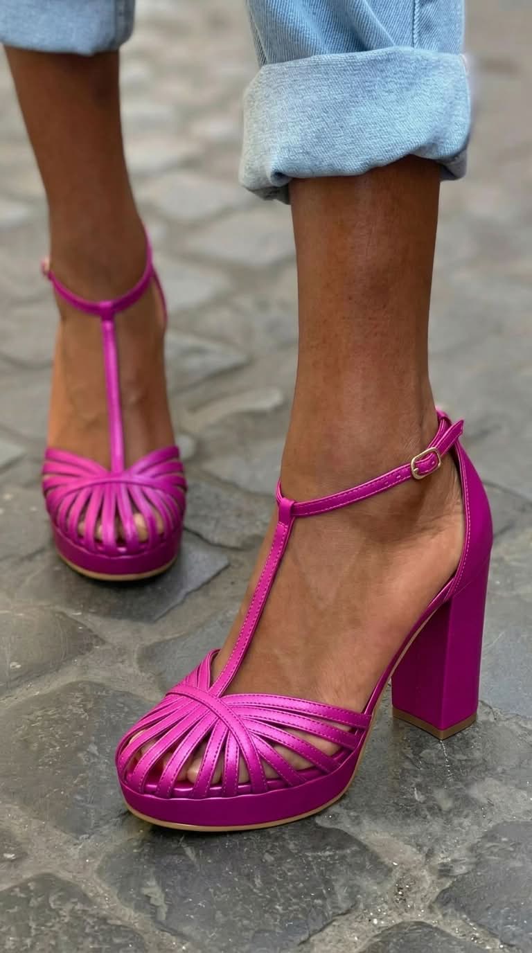 Sandales violettes à bout rond avec bride T, plateforme et talon large