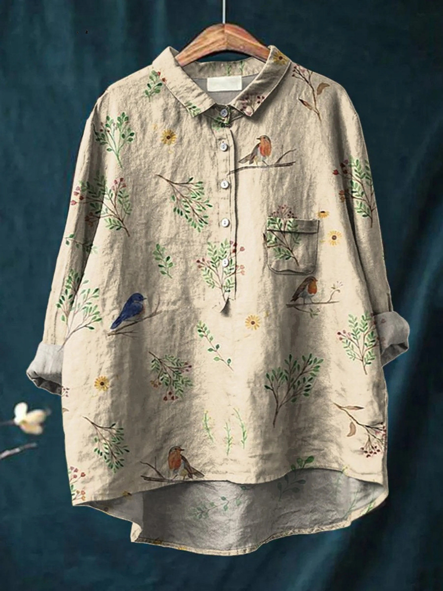 Alice | Chemise décontractée pour femmes imprimée de motifs de branches et d'oiseaux rouges