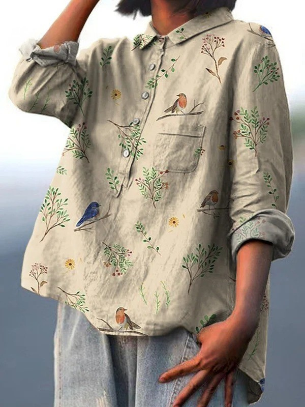 Alice | Chemise décontractée pour femmes imprimée de motifs de branches et d'oiseaux rouges