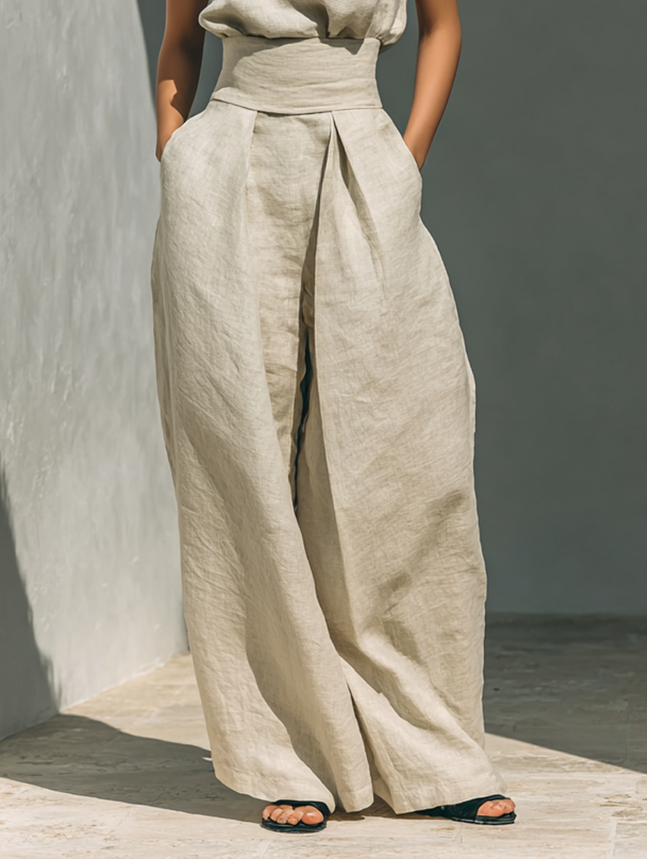 Maria™ | Ensemble complet avec top à col montant et pantalons larges en coton et lin