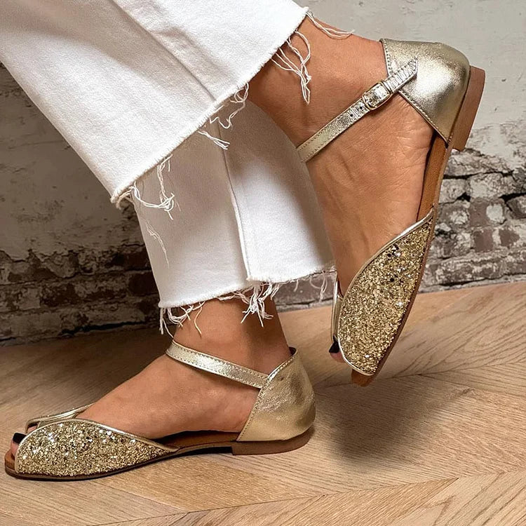 Sandales à bout ouvert en paillettes dorées avec bride de cheville et boucle
