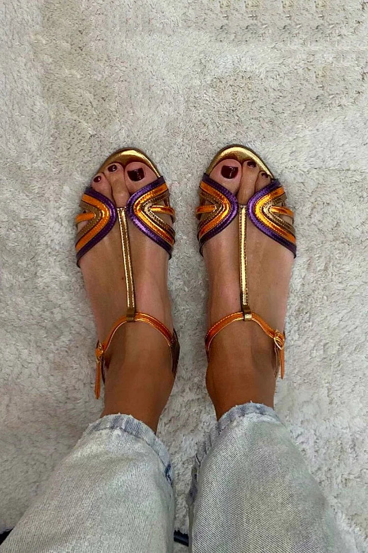 Sandales Multicolores à Peep Toe avec Boucle et Bride en T Dorées