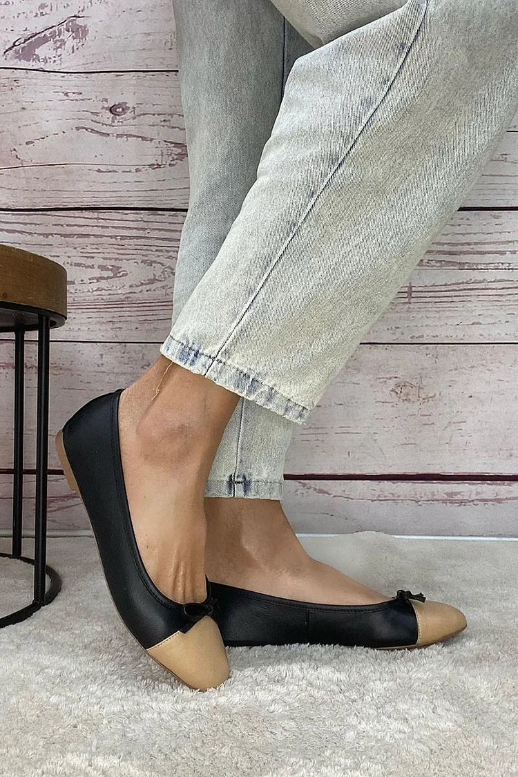 Ballerines Noir à Bout Rond avec Nœud en Coloris Contrastés