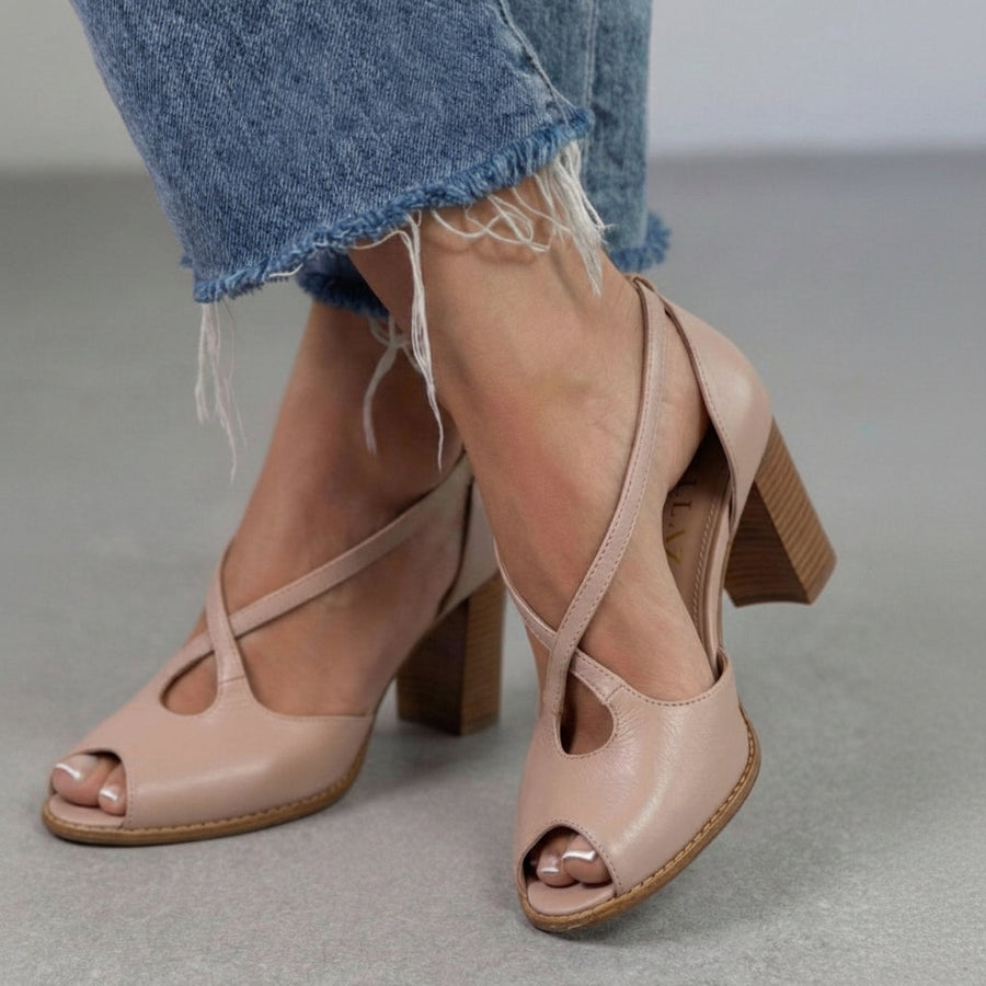 Sandales Chic Rose Poudré et Rose à Bout Ouvert avec Brides Croisées et Talon Bloc