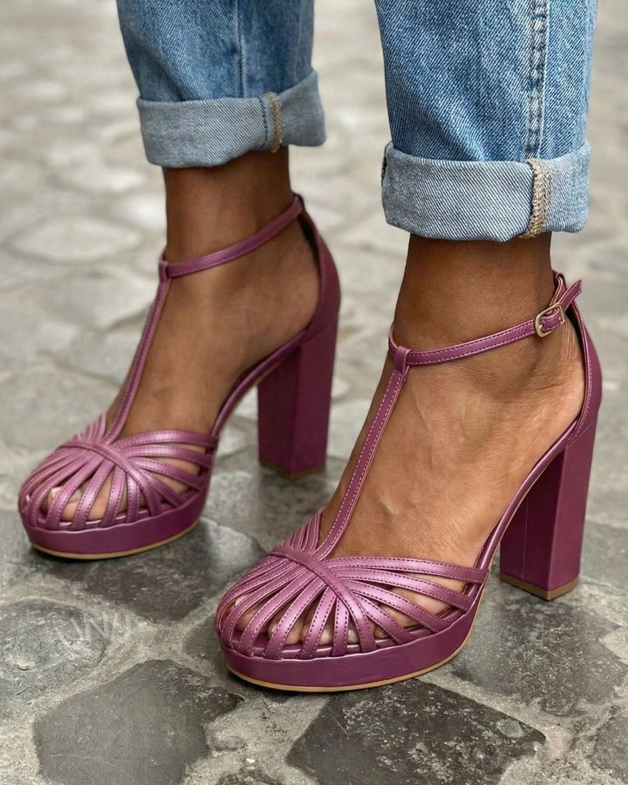 Sandales violettes à bout rond avec bride T, plateforme et talon large