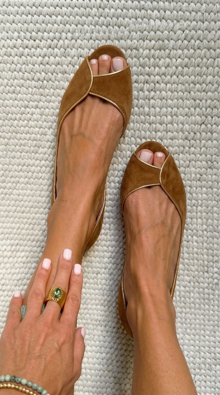 Beige and Gold Suede D'Orsay Peep Toe Flats
