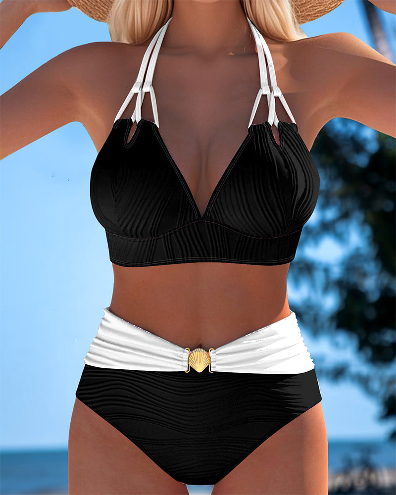 Corail | Bikini Halter Bicolore avec Détail Coquillage