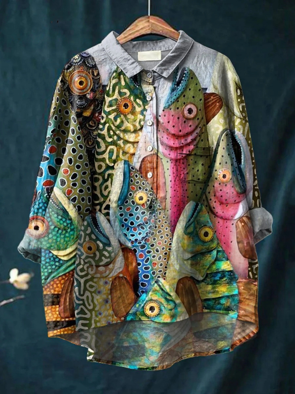 Esme | Imprimé Art de Poisson Vintage Amusant Chemise Décontractée