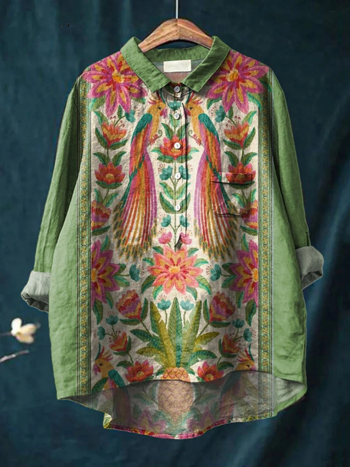 Arabella | Chemise décontractée pour femmes avec imprimé artistique vintage de fleurs et d'oiseaux