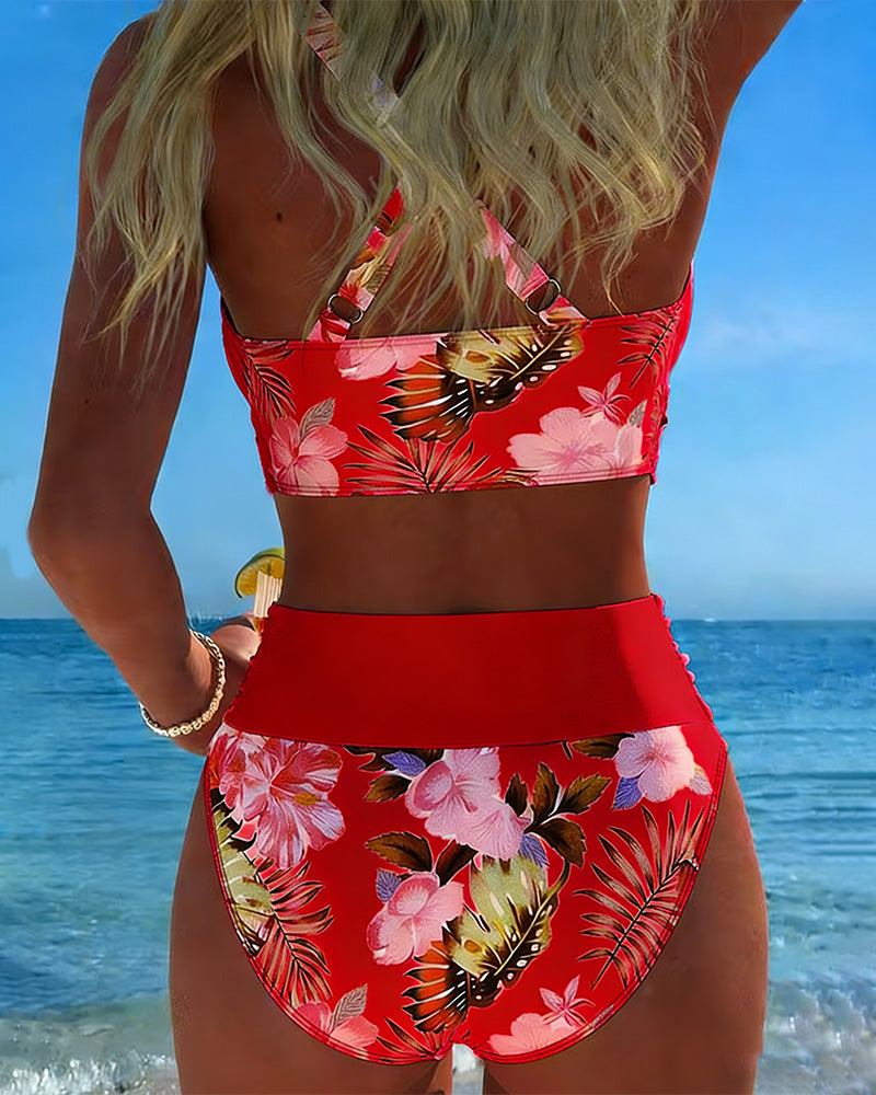Hibiscus | Bikini Croisé Floral avec Culotte Haute