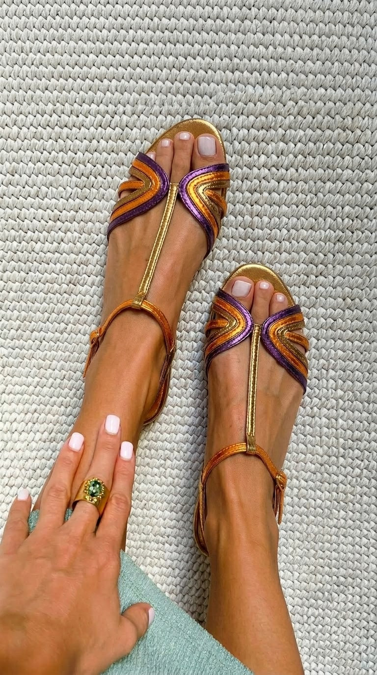 Sandales peep toe métalliques Violet et Or avec bride en T" can be rewritten as:

"Sandales peep toe métalliques en Violet et Or avec bride en T