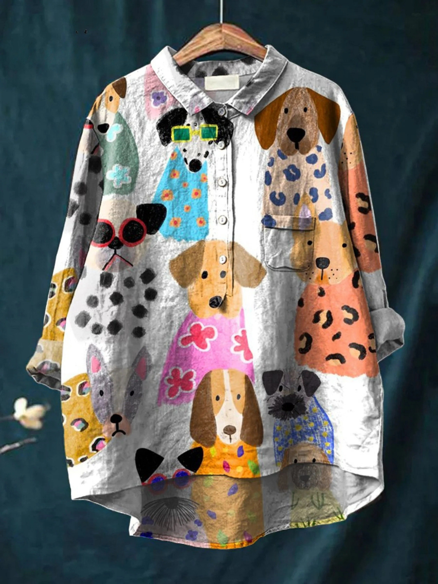 Lucy | Chemise décontractée à imprimé cartoon de chiot coloré pour femmes