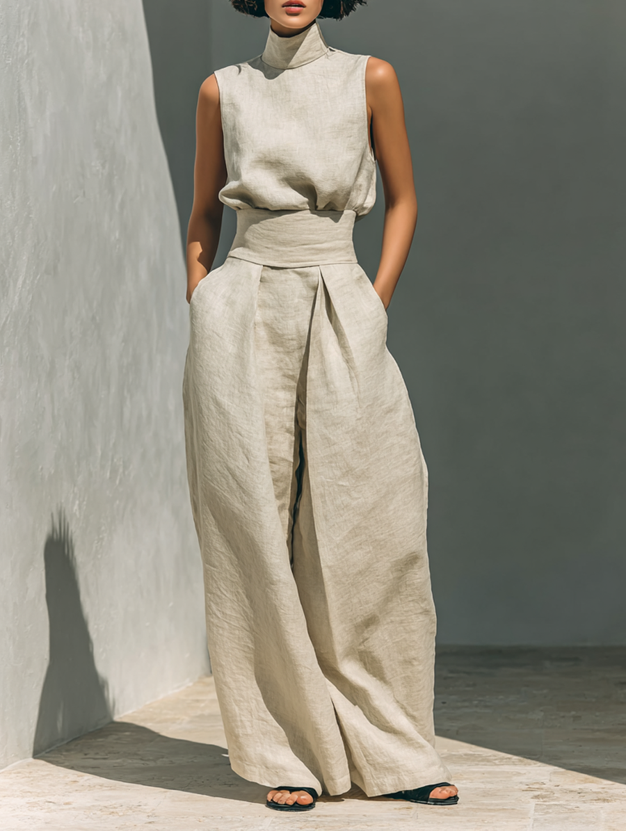 Maria™ | Ensemble complet avec top à col montant et pantalons larges en coton et lin