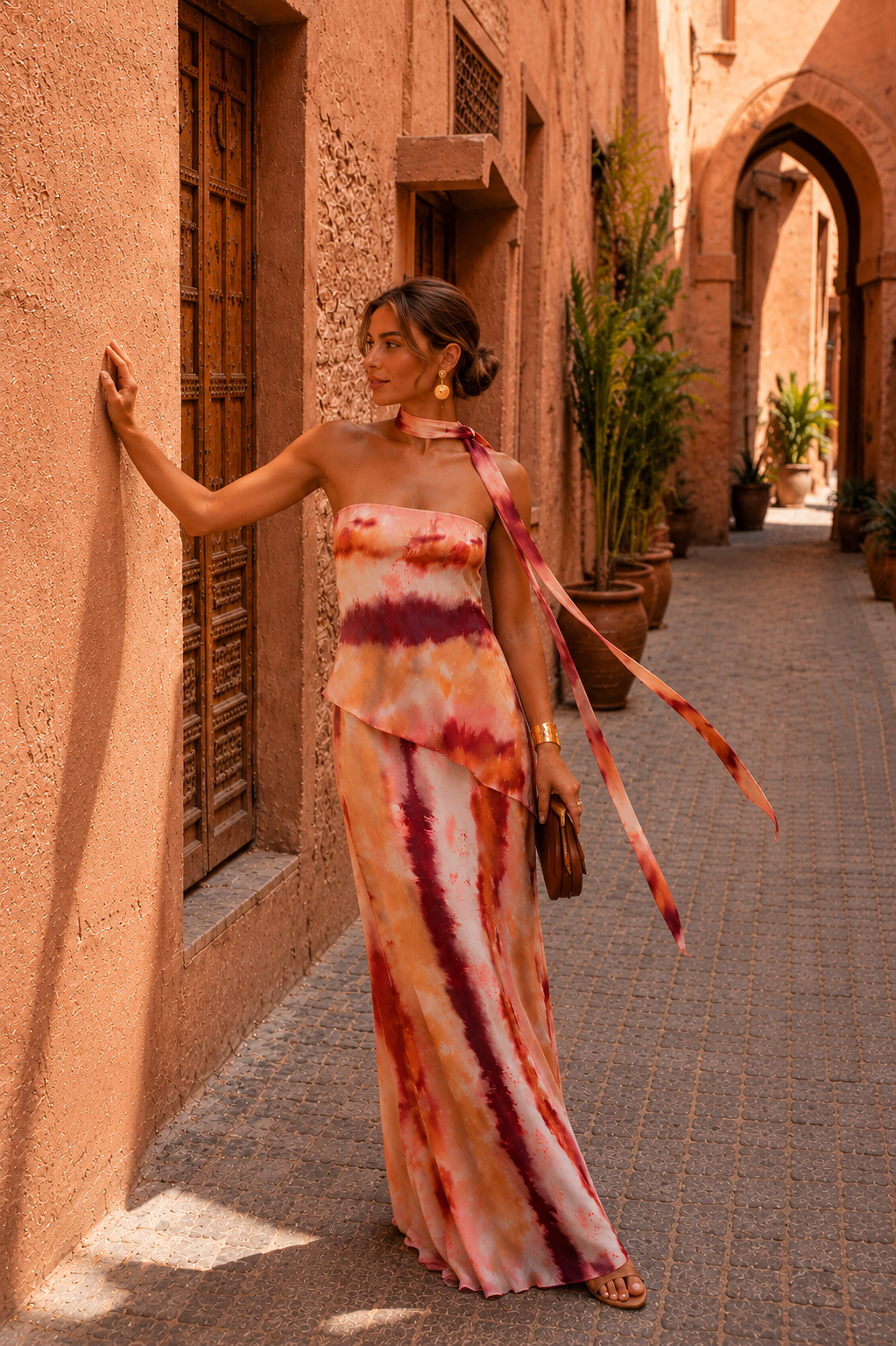 Robe longue à motifs avec décolleté sans bretelles
