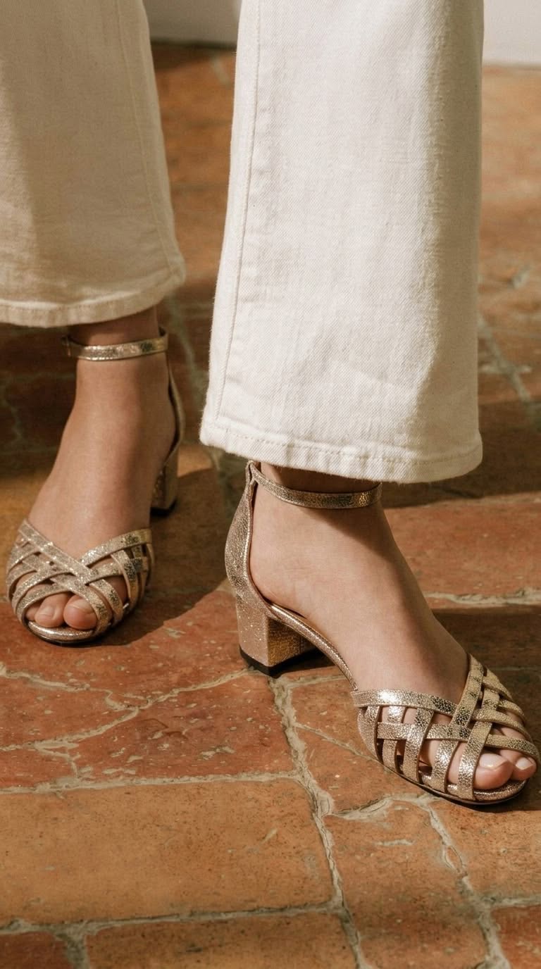 Escarpins peep toe dorés à talons larges, entrelacés avec bride de cheville et boucle