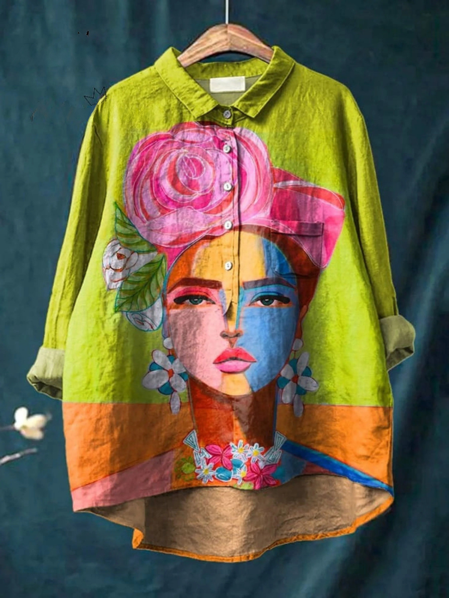 Ambre | Peinture à l'huile Portrait de Freda Art Imprimé Chemise Décontractée pour Femmes