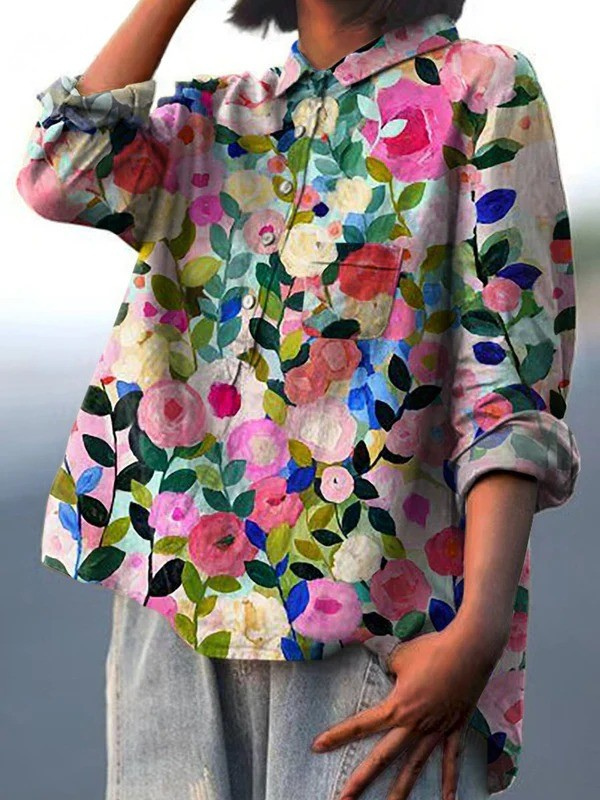 Leah | Chemise décontractée pour femmes imprimée de jardin floral coloré de printemps