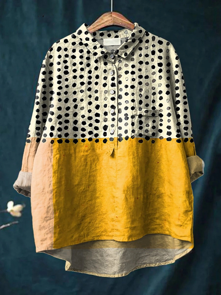 Olivia | Chemise décontractée à imprimé pois en blocs de couleurs jaunes pour femmes