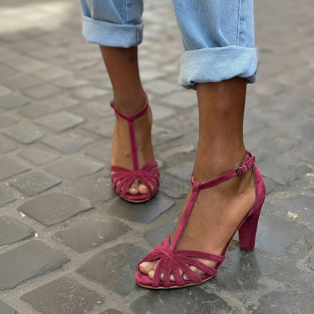 Sandales en daim bordeaux avec bride en T et talon bloc épais