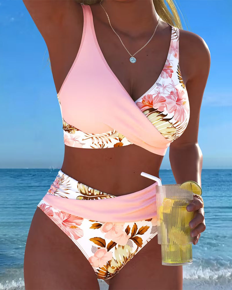 Hibiscus | Bikini Croisé Floral avec Culotte Haute