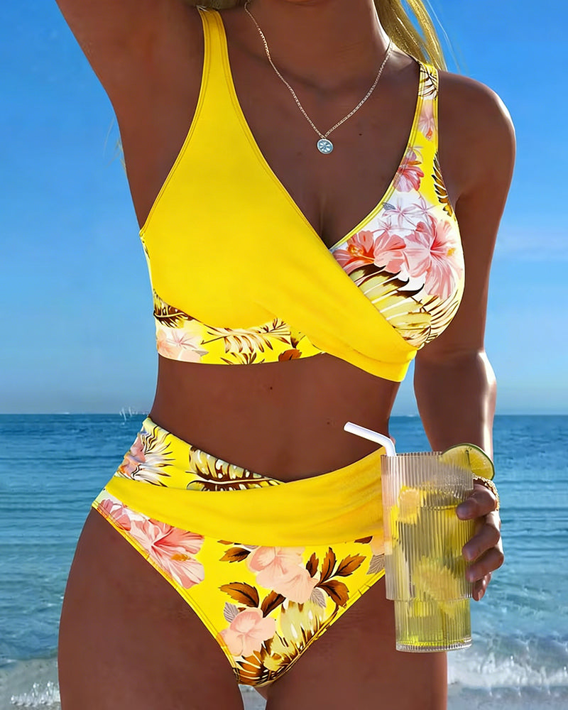 Hibiscus | Bikini Croisé Floral avec Culotte Haute
