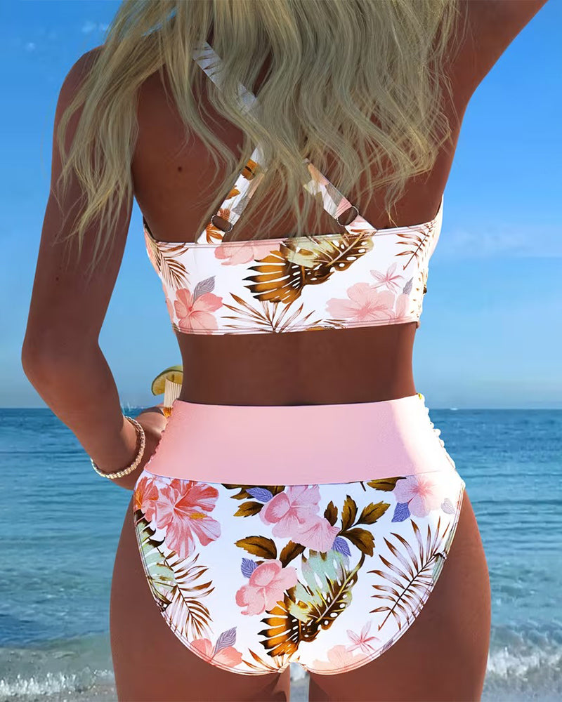 Hibiscus | Bikini Croisé Floral avec Culotte Haute