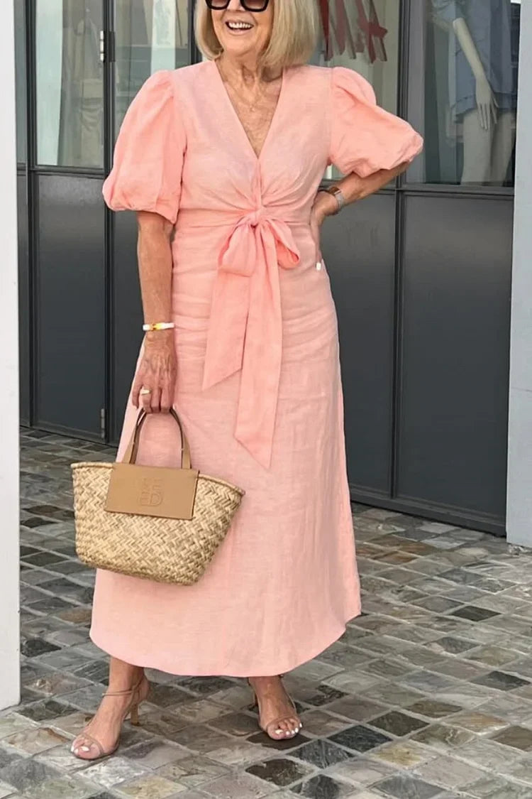 Merle | Robe Maxi en Coton avec Col en V et Manches Bouffantes
