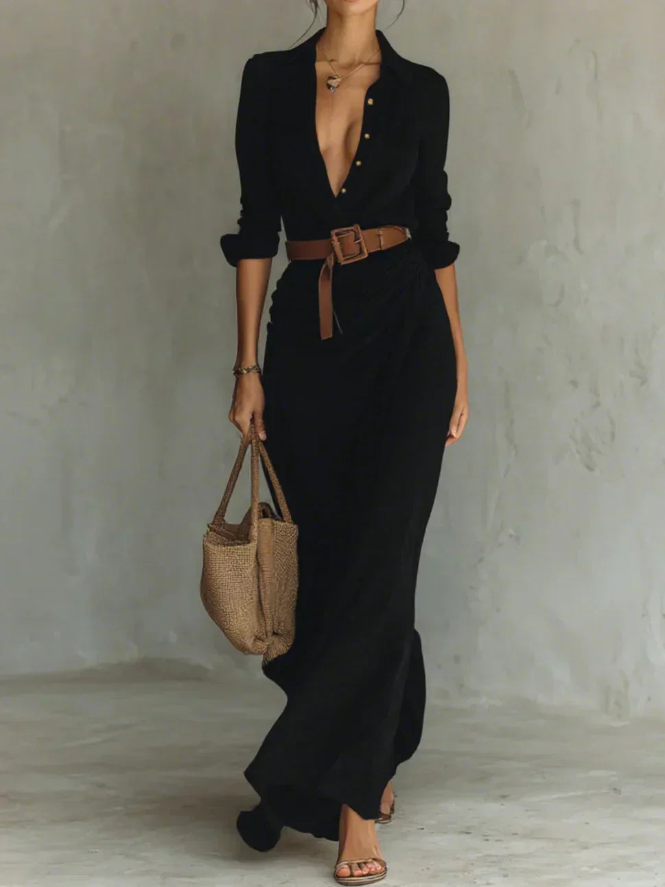 Camille™ | Robe Maxi avec Revers et Ceinture à la Taille